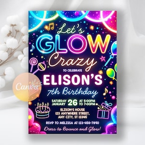 Glow Crazy Birthday Invitation, Neon Glow Invitation, Glow Party Birthday Invite, Girl Birthday Printable Digital, Editable Canva Template