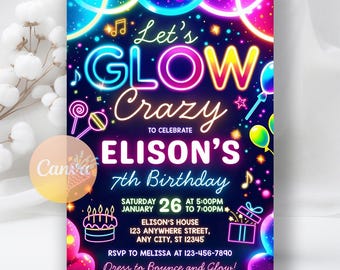 Glow Crazy Birthday Invitation, Neon Glow Invitation, Glow Party Birthday Invite, Girl Birthday Printable Digital, Editable Canva Template
