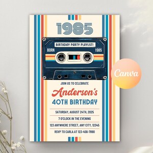 May include: A retro-style birthday party invitation with a cassette tape graphic. The invitation is for Anderson's 40th birthday party on August 24th, 2025, at 7:00 PM. The invitation includes the address and RSVP information.