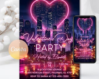 Valentine's Day Invitation, Galentines Heart Invite, Digital Download, Editable Canva Template