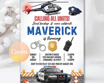 Invitación de cumpleaños de policía, invitación para la primera fiesta de cumpleaños de un niño policía, fiesta infantil de policía con coche patrulla, plantilla editable de Canva