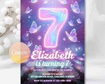 Butterfly 7th Birthday Invitation, Butterfly Invitation, Girl Birthday Invite, Kids Party Invite, Digital Download, Editable Canva Template
