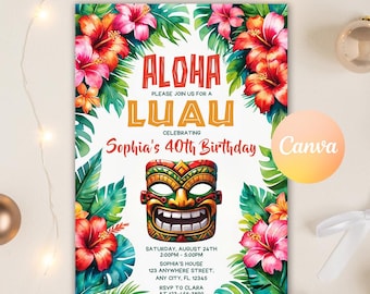 Aloha Tropical Party Invitation, Luau Birthday Invitation, Hawaiian Party Invites, Tropical Birthday, LUAU Party, Editable Canva Template