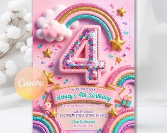 4th Birthday Invitation Girl, Rainbow Sequin Glitter Invite Printable for Girls Party, Girls Pink Birthday Invite, Editable Canva Template