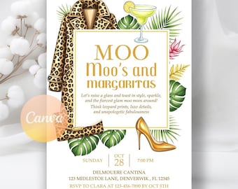 Moo Moos and Margaritas Invitation, Mumu & Margaritas Party Invite, Ladies Night Leopard Pajama Girls Day Invite, Editable Canva Template