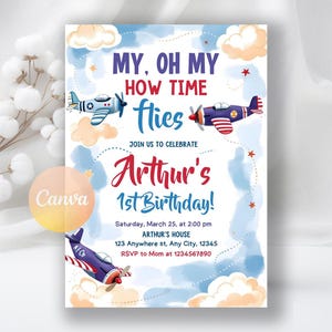 Airplane Birthday Invitation, Time Flies 1st Birthday Invitation, Pilot Birthday Invite, Airplane Digital Invite, Editable Canva Template