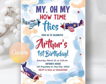 Faire-part d'anniversaire avion, invitation 1er anniversaire, le temps passe vite, invitation anniversaire pilote, invitation numérique avion, modèle de toile modifiable