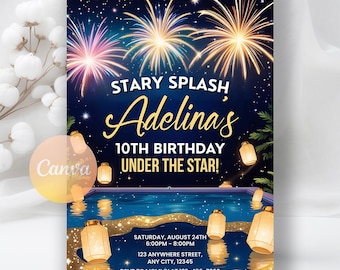 Stary Night Pool party invitation,Pink pool party girl birthday invitation, Teen Splish Splash, Instant Download, Editable Canva Template