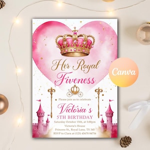 Faire-part d'anniversaire princesse sa Royal Fiveness, 5e anniversaire de filles, princesse couronne château pintable inviter, modèle de toile modifiable