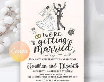 Invitación de boda elegante, invitación minimalista con novios bailando, descarga digital, plantilla editable para Canva