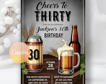 Prost 30. Geburtstagseinladung, Männlicher 30. Geburtstag einladen, Prost auf 30 Jahre Einladung, wunderliche Dreißig einladen, bearbeitbare Canva-Vorlage
