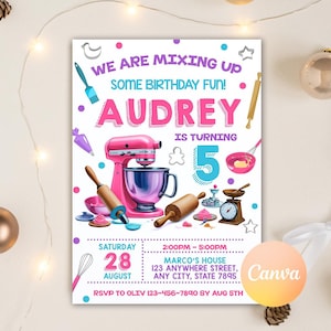 Baking Birthday Party Invitation, Baking Party Invite, Cooking Birthday Invitation, Baking Themed Birthday Invite, Editable Canva Template