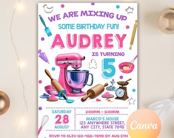 Invito per festa di compleanno a tema cucina, invito per festa di cucina, invito per compleanno a tema cucina, invito per compleanno a tema cucina, modello Canva modificabile