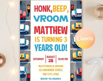 Transportation Birthday Invitation, Honk, Beep, Choo Choo, Train, Truck Cars Birthday Invitation, Instant Download, Editable Canva Template