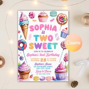 Two Sweet Birthday Invitation, 2nd Birthday Girl Invite, Two Sweet Invitation, Dessert Invite, Candy Sweets Donut, Editable Canva Template