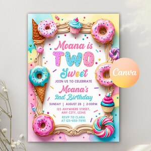May include: A pink and blue birthday invitation with a donut theme. The invitation says "Moana is TWO Sweet" and includes details for a 2nd birthday party.