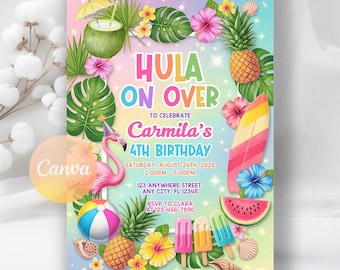 Invitación de cumpleaños "Hula On Over", colorida invitación a fiesta tropical LUAU, invitación a fiesta temática hawaiana, descarga digital, plantilla editable de Canva
