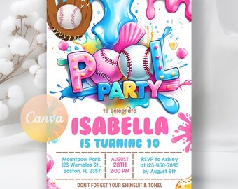 Baseball Pool Party Invitation: Editable Summer Birthday Template (Digital Download