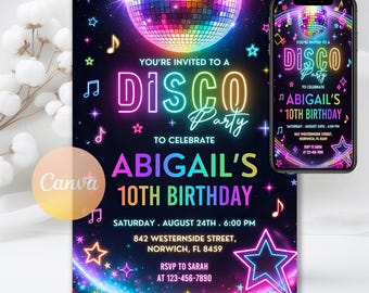 Disco Birthday Invitation, Neon Glow Disco Dance Party Invite, Digital download, Editable Canva Template