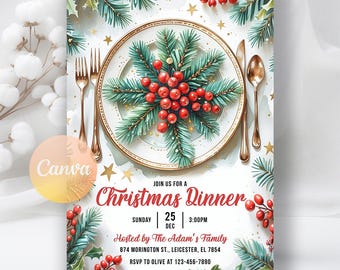 Weihnachtsessen Einladung, Feiertagsparty Einladung, Weihnachtsfeier einladen, Weihnachtsfeier, digitaler Download, bearbeitbare Canva Vorlage