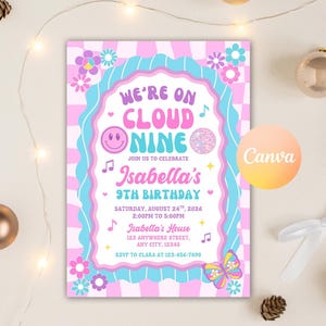 Editable Slumber Birthday Party Invitation, Preppy Teen Varsity Smiley Face Sleepover Party, Slumber Pajama Party Printable Instant Download
