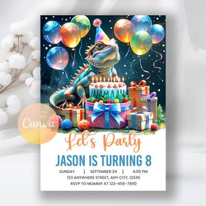 Puede incluir: Una invitación de cumpleaños con un lagarto de dibujos animados con un gorro de fiesta, rodeado de globos y regalos. La invitación dice "Let's Party" y "Jason cumple 8 años", con detalles del evento a continuación.