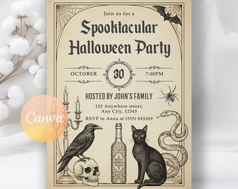 Vintage Halloween Invitation, Halloween Invitation, Printable Halloween Party for Adults, Skeleton Party Invitation, Editable Canva Template