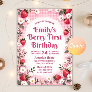 Berry First Birthday Invitation, Berry Birthday Invite, Strawberry Birthday Invite, Girls 1st Birthday Invitation, Editable Canva Template