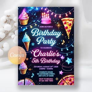 Neon Lights Birthday Invitation,  Lets Party invite, Glow Party Neon Birthday Invitation, Girl Boy Neon Party Invite,Editable Canva Template