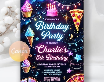 Neon Lights Birthday Invitation,  Lets Party invite, Glow Party Neon Birthday Invitation, Girl Boy Neon Party Invite,Editable Canva Template
