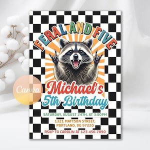 Convite de Aniversário Guaxinim, Convite de Aniversário Selvagem e de Cinco Anos, Convite de 5º Aniversário, Convite de Aniversário de Guaxinim Divertido para Imprimir, Modelo Editável do Canva
