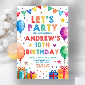 Simple Colorful Birthday Invitation, Bright Birthday Invitation, Cheerful Birthday Party Invite, Digital Download, Editable Canva Template