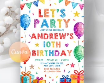Invito di compleanno semplice e colorato, invito di compleanno luminoso, invito per festa di compleanno allegra, download digitale, modello Canva modificabile