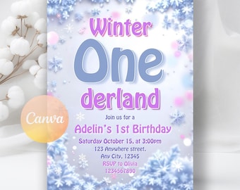 May include: A light blue and white invitation with the words "Winter One derland" in purple and blue. The invitation is for Adelin's 1st Birthday, with the date, time, and RSVP information. Snowflake and bokeh details frame the text.