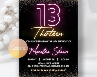 Puede incluir: Invitación de cumpleaños número 13 con borde de purpurina negra y dorada. El diseño presenta el número "13" en un contorno rosa neón, con la palabra "Thirteen" en cursiva. La invitación incluye el nombre, la fecha, la hora y el lugar.