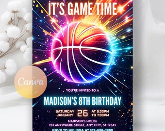 Editable Basketball Birthday Invitation, Sports Party Birthday Invitation, Sports Theme, Basketball PrintableInvite, Editable Canva Template