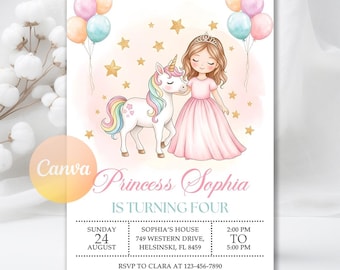 May include: A birthday party invitation featuring a princess and a unicorn. The illustration includes a princess in a pink dress, a unicorn with a rainbow mane, balloons, and stars. The text reads "Princess Sophia is turning four."