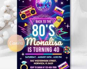 80s Birthday Party Invitation, Throwback Party, Neon Glow Dance, Digital Download, Editable Canva Template