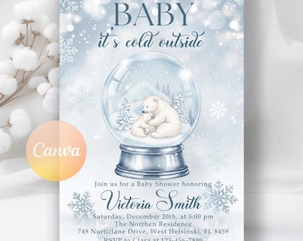 Può includere: Invito per un baby shower a tema invernale. Il design presenta una palla di neve con orsi polari, fiocchi di neve e il testo "BABY it's cold outside". L'invito include i dettagli per il baby shower di Victoria Smith.