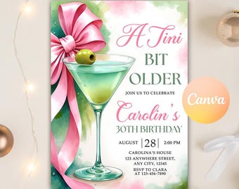 A Tini Bit Older Birthday Party Invitation, EDITABLE Pink Bow Martini Themed Birthday Invite, Coquette Dirty Thirty, Editable Canva Template
