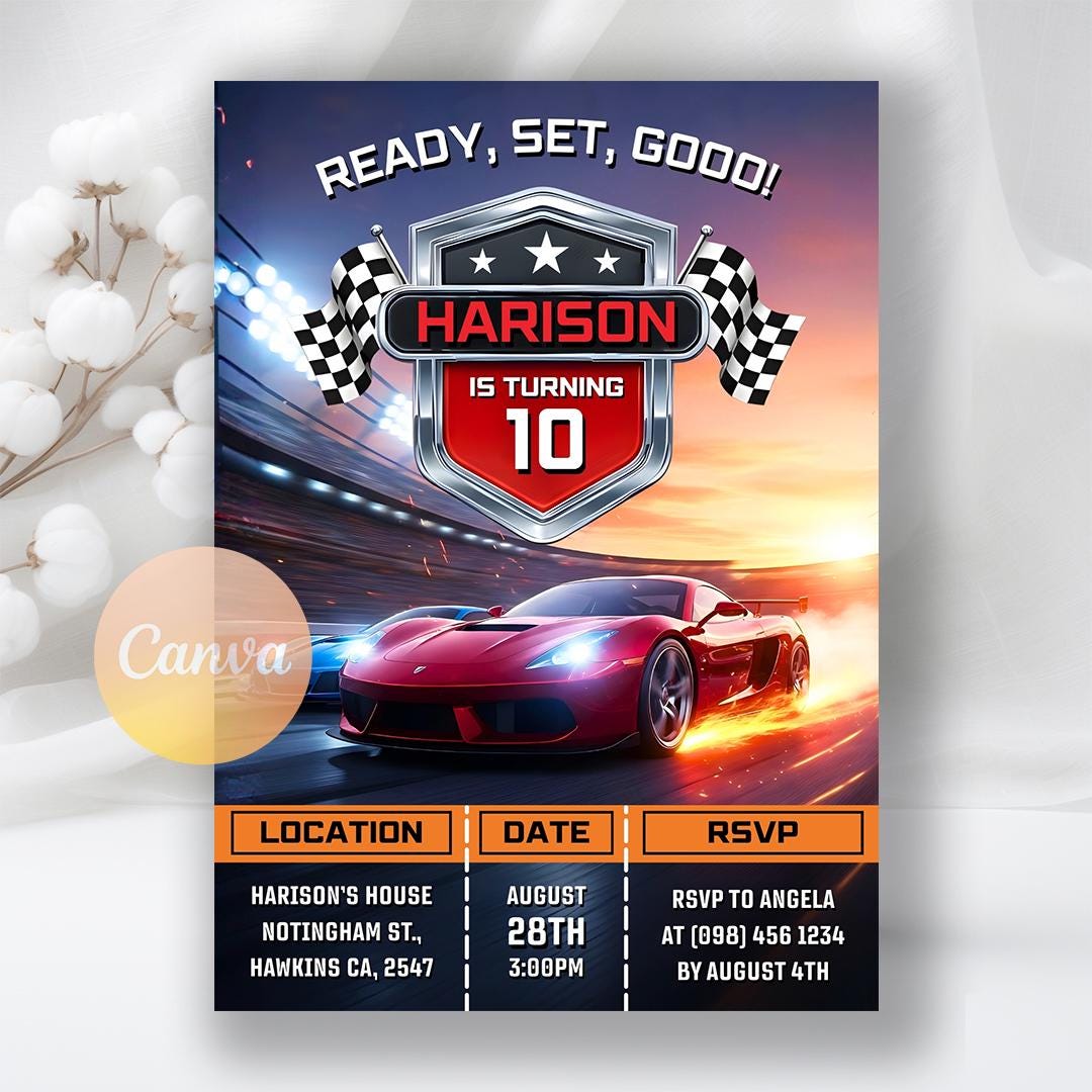 Race Car Birthday Invitation, Sport Racecar Party Invite, Digital ...