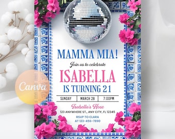 Mamma Mia Geburtstagseinladung, Mamma Mia Themeneinladung, Dancing Queen Disco Party, Disco Bougainville lädt ein, bearbeitbare Canva Vorlage