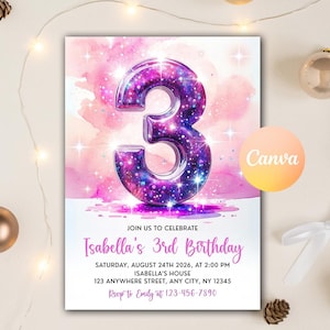 Pink 3rd Birthday Invitation, Glitter Birthday, Pink Purple Watercolor Girl Birthday Invitation Printable Invite Editable Canva Template
