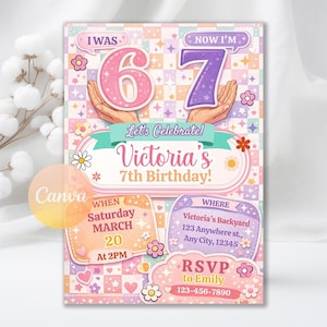 Op de afbeelding: Een kleurrijke verjaardagsuitnodiging met de tekst "I WAS 6, NOW I'M 7". De uitnodiging bevat de tekst "Let's Celebrate! Victoria's 7th Birthday!" en feestdetails.