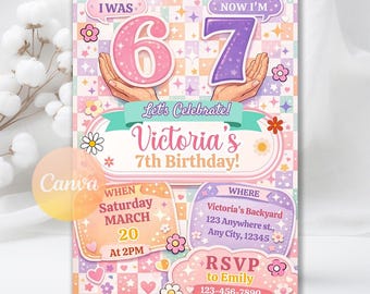 6-7 Birthday Invitation for Girls, Retro Groovy Meme Trending Six Seven Party Invite, Kids Birthday Digital Invite, Editable Canva Template