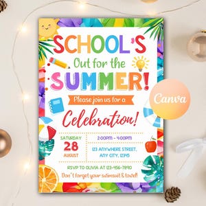 Bearbeitbare Einladung zum Schulende, Schulfeier einlädt, Sommerparty, Pool-Party einladen, Hallo Sommer, bearbeitbare Canva-Vorlage