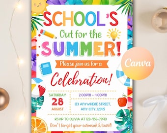 Bearbeitbare Einladung zum Schulende, Schulfeier einlädt, Sommerparty, Pool-Party einladen, Hallo Sommer, bearbeitbare Canva-Vorlage