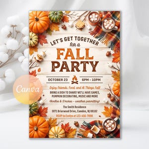 May include: A fall party invitation card featuring orange pumpkins, colourful autumn leaves, s'mores, and a plaid blanket on a white wood background. Text reads: LET'S GET TOGETHER FOR A FALL PARTY, OCTOBER 23, 6PM-10PM, and event details.