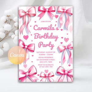 May include: A pink birthday party invitation with a watercolor design. The invitation features pink bows, hearts, and the text "Carmila's Birthday Party". The event details include the date, time, location, and RSVP information.