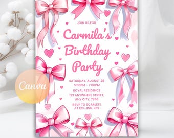 Editable Pink Bow Birthday Invitation, Pink Coquette Bow Invitation, 1st Birthday Girl Invite, Coquette Bow Invite, Editable Canva Template